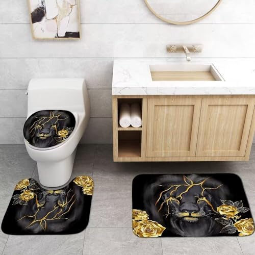 4 Piece Black and Gold Shower Curtain Set with Rugs, Majestic Lion & Golden Rose Art, Luxury Aesthetic Waterproof Fabric Bathroom Decor, Non-Slip Mats & Toilet Lid Cover - color: Gold Lion
