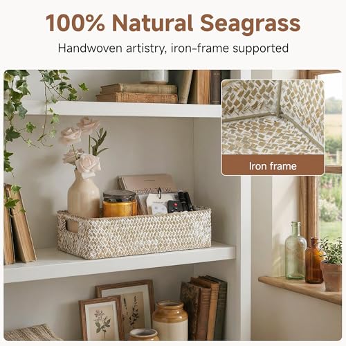 StorageWorks Wicker Toilet Paper Basket for Back of Toilet Baskets, Seagrass Bathroom Basket Organizer and Storage for Tank Topper, Small Tank Trays for Decor with Built-in Handles, Wipe White - color: Wipe White (Seagrass), size: 14¼" L x 6¾" W x 3¾" H