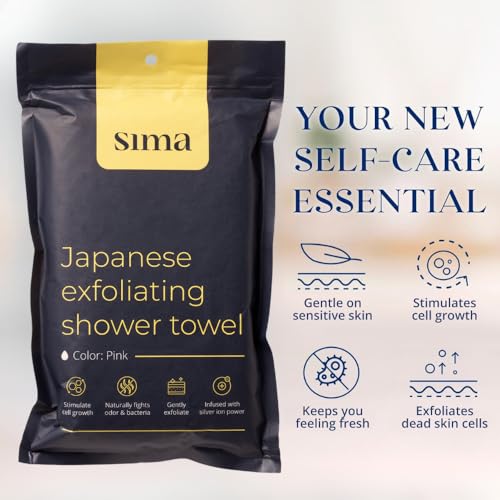 Sima Brand Exfoliating Washcloth Face & Body Scrub Towel - Japanese Exfoliating Towel with Hexagon Fibers, Body Scrubber with 2 Sides for Scrubbing & Washing, Extra Long Body Towels (Pink) - color: Pink