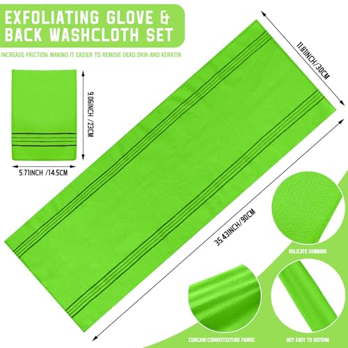 Hosuly 2 Pcs Korean Exfoliating Washcloth and Mitts Set Long Exfoliating Back Italy Towel Scrub Mitt Wash Cloth Scrubber for Women Men Shower Dead Skin Removing Dry Skin (Green) - style: Green