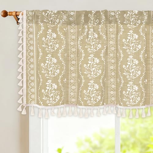 Yinhua Boho Valance Curtains Vintage Linen Natural Kitchen Valances for Windows Light Filtering Bohemian Floral Valance Rod Pocket Farmhouse Tassel Window Valances for Bathroom Cafe, 52" W X 18" L - color: Natural, size: 52"W x 18"L (Pack of 1)
