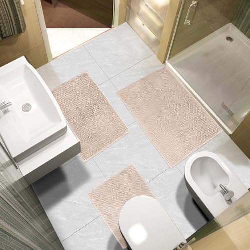 Urvoix Bathroom Rugs Sets 3 Piece, Non-Slip Chenille Bath Rug - Ultra Soft, Washable, Super Absorbent Bath Mat for Bathroom, Toilet and Tub (Cream Beige) - color: Cream Beige