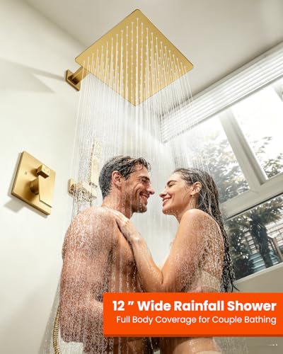 gotonovo Shower System with Tub Spout,Waterfall Tub Shower Faucet Set for Bathroom Head and Handle Set Wall Mounted 3 Function Rough-in Valve and Trim Included 12 inch Shower Head Brushed Gold - color: Brushed Gold, size: 12 inch Shower Head