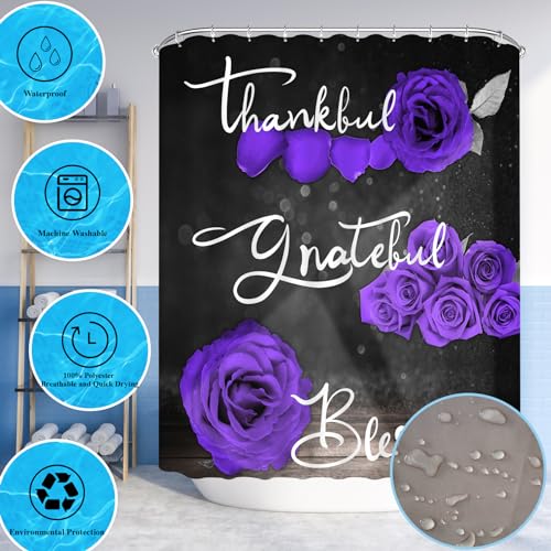 4Pcs Purple Rose Shower Curtain Sets, Thankful Grateful Blessed Bathroom Curtain with Non-Slip Rug, Toilet Lid Cover, Bath Mat and 12 Hooks, Romantic Showy Floral Wedding Decor for Bath, 72 x 72 inch - color: Purple