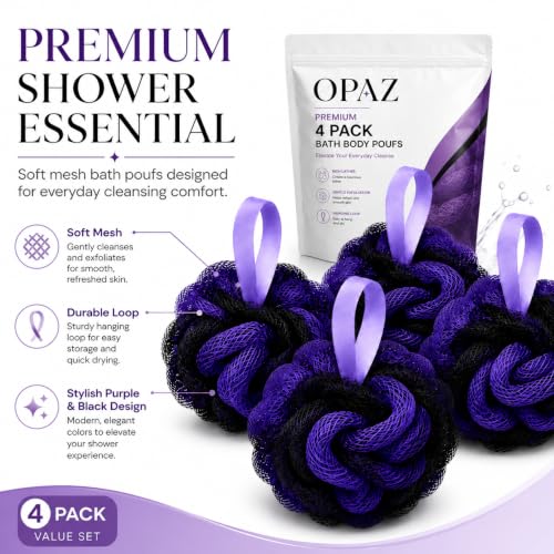 OPAZ Shower Loofah Sponge 4 Pack, Exfoliating Bath Sponges for Women & Men, Soft Body Scrubber Pouf for Rich Lather, Deep Cleansing Shower Puff with Hanging Loop, Purple Loofahs for Body Wash