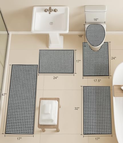 YIHOUSE Grey Bathroom Rugs Set 5 Pieces, Gray Checkered Absorbent Bath Mat Sets Quick Dry, Woven Soft Bath Rugs Non Slip, Thin Washable Rugs for Bathroom - color: Dark Grey, size: 5 Pieces