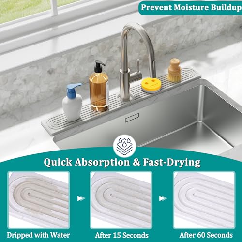 Stone Faucet Mat for Kitchen Sink - Quick Dry Diatomite Sink Splash Guard, Prevents Moisture Buildup & Water Stains, Water Absorbing Stone Tray for Bathroom Countertop (White, 23.6" x 4") - color: White, size: 23.6" x 4"