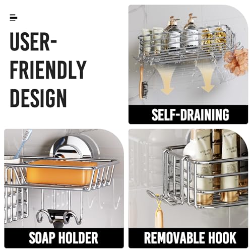 LEVERLOC Shower Caddy Suction Cup, 2 Pack Heavy Duty Bathroom Organizer for Inside Shower with Hooks & Soap holder, Removable and Rustproof Silver bathroom Holder Storage - color: 2 X Silver Basket
