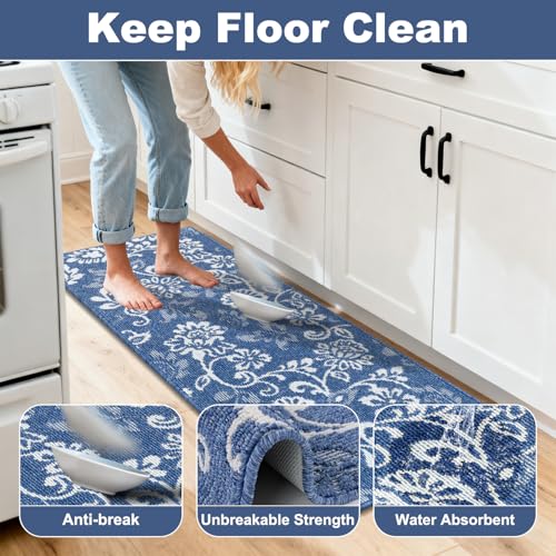 LOKHOM Boho Kitchen Rugs Sets of 3, Non Slip High-Low Textured Kitchen Mats for Floor with Rubber Backing, Paisley Floral Washable Carpet Runner for Hallways Entryway Laundry Sink (Denim Blue & White) - color: Denim Blue, size: 24"x35"+24"x48"+24"x60"