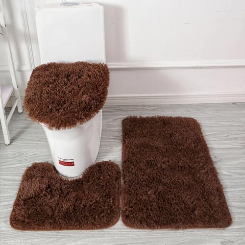Soft Bathroom Carpet 3 Piece Bathroom Rugs and Mats Set Bath Mats Set with U-Shaped Toilet Floor Mat Rugs andToilet Lid Cover Mat (Brown) - color: Brown