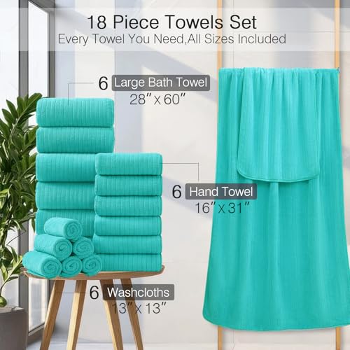 18 Piece Family Bath Towel Set Include 6 Bath Towels,6 Hand Towels and 6 Washcloths Soft Bathroom Towel with Hanging Loops,Highly Absorbent Quick Dry Towels Set for Bathroom,Hotel and Spa- Dark Cyan - color: Dark Cyan, size: 18-Piece Set