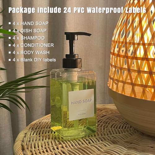 Clear Soap Dispenser with Waterproof Labels, Thickened Plastic Hand Soap Dispenser for Bathroom, Kitchen Dish Washing Liquid Bottles, Shampoo and Conditioner Bottles with Funnel (15oz 4Pack Clear) - color: 15oz 4pack Clear