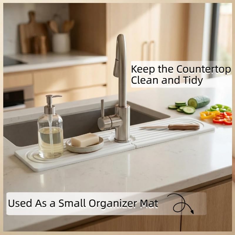 Stone Faucet Mat for Kitchen Sink, Diatomite Absorbent Stone Drying Mat for Bathroom Counter Quick Drying, Sink Splash Guard For Avoid wet Buildup Sink (White, 23.6" x 3.9")