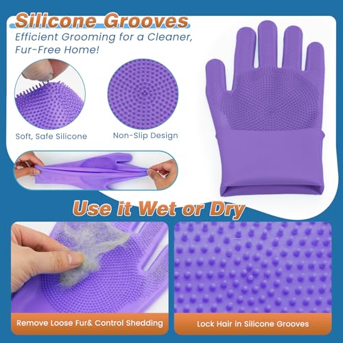 7PCS Pet Grooming Kit for Dogs and Cats | Dog Bath Brush | Washing Gloves | Cleanroom Gloves | Dog Shampoo Brush | Finger Toothbrushes | Storage Bag | All-in-One Pet Care (Purple) - color: Lavender Purple