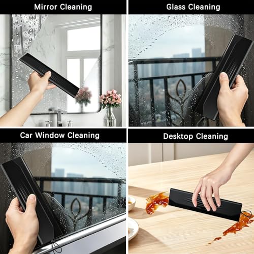 Shower Squeegee for Glass Doors, Bathroom Squeegee Set of 2 (Size 8.3"+9") | Hang Anywhere Silicone Shower Squeegee with Hook Design for Glass, Tile Wall, Mirror, Window, Streak-Free Cleaner Tool,Black