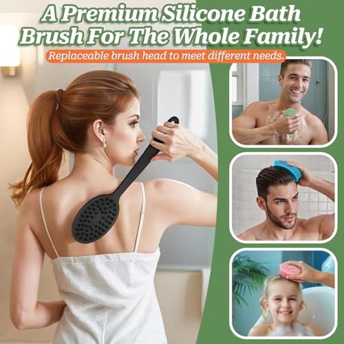 Silicone Back Scrubber, Soft Silicone Loofah with Handle, Gentle Exfoliating Back Scrubber, Back Brush Bath Brush with Two Dual-Side & Detachable Brush Heads(Black-Two Heads) - color: Black-two Heads