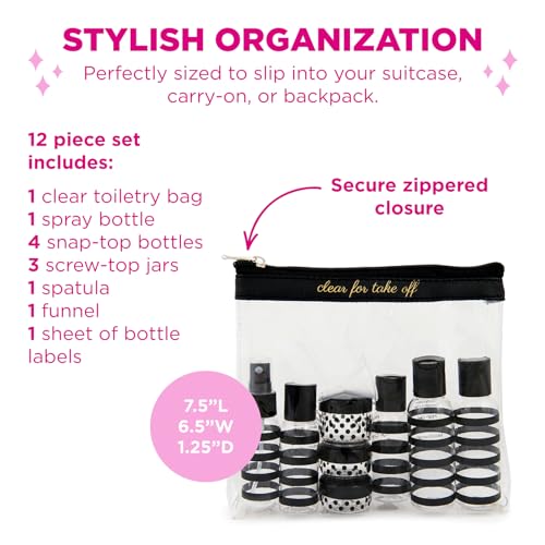 MIAMICA TSA Compliant Travel Bottles and Travel Toiletry Bag – Includes 12 Pieces – 7.55" L x 7.4" W x 1.8" D, Clear – Cute Travel Gifts - color: Black/Gold, size: 12-Piece