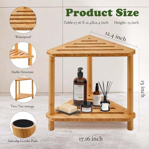 Bamboo Corner Shower Stool,2-Tier Waterproof Shower Stool for Inside Shower Shaving Leg,Small Spaces,Shower Foot Rest with Storage Shelf,Shower Bench,Bath Seat,Corner Nightstand gift for women mom - style: GU-QZST