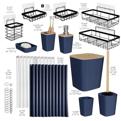 Clara Clark Bathroom Accessories Set - Bathroom Set with Adhesive Corner Shower Caddy Hanging, 25PC Bathroom Accessory Set, Navy Blue Shower Curtain Set, Toilet Brush, Trash Can & Soap Dispenser - color: Navy Blue, size: Complete Set + Shower Caddy