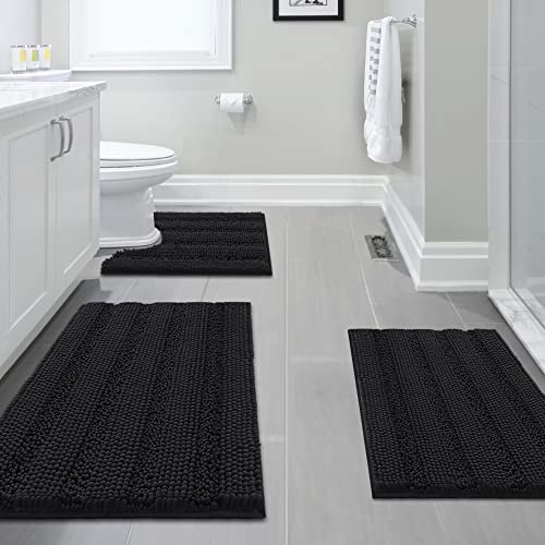 H.VERSAILTEX 3 Piece Bathroom Rugs Sets Thick Striped Bath Rugs Set for Bathroom Non Slip Soft Absorbent Bath Mat Set for Tub, Shower and Toilet(17''x24''+20''x32''+20''x24'' U-Shaped, Jet Black) - color: Jet Black