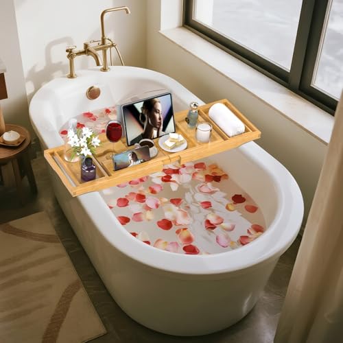 Bathtub Tray Caddy, Expandable Bath Trays for Tub, Bamboo Shelf & Table with Wine Glass Holder,Bathroom Accessories for New Home & Mothers Day & Birthday Gifts for Mom - color: Natural