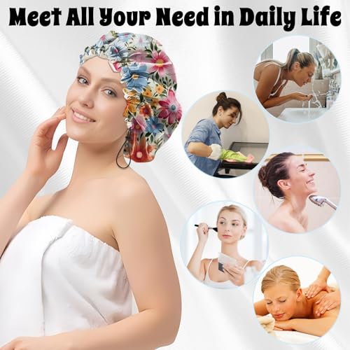 Luxury Shower Cap Satin Lined Reusable Waterproof Double Layer Elastic Adjustable Hair Bath Cap Cute Aesthetic Women Girls-Flowers - color: F12-Flowers