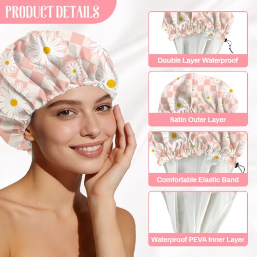 Pink Daisy Reusable Shower Cap Buffalo Check Double Layer Waterproof Shower Caps Large Elastic Hair Cover Adjustable Hair - Drying Caps for Woman Bath SPA Travel One Size Fits Most - color: Pink Daisy