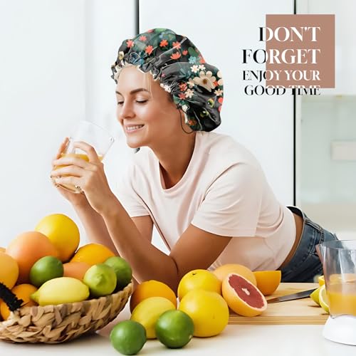 Luxury Shower Cap Adjustable Reusable Double Waterproof Layer Elastic Satin Lined Hair Bath Cap Cute Aesthetic Women Girls (K3-Cat Flower) - color: K3-Cat Flower