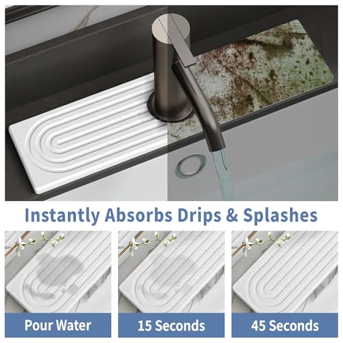 15.8"x3.9" Stone Faucet Mat for Kitchen Sink, Diatomite Quick Dry Kitchen Sink Splash Guard Water Absorbent Drying Mat, Drying Stone Sink Tray for Bathroom Counter, White