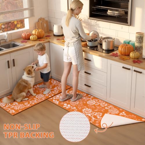 LOKHOM Fall Kitchen Rugs Sets of 3, Non Slip Orange Kitchen Mats for Floor | High-Low Textured Kitchen Rug Set with Rubber Backing, Paisley Floral Washable Carpet Runner for Hallway Sink(Orange & White) - color: Orange, size: 24"x35"+24"x48"+24"x60"