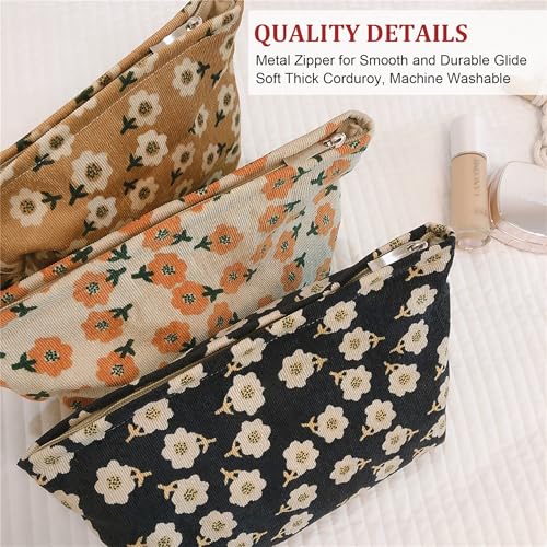 HAPPYHEIDI Women Floral Corduroy Makeup Bag Travel Cosmetic Canvas Pouch Purse Organizer, Cute Beige Flowers - color: 001 SX142-02 Beige Floral Corduroy