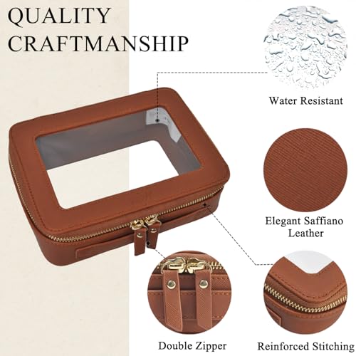 NGIL Clear Faux Leather Travel Toiletry Bag, Makeup Bag Organizer for Women, Clear Window & Gold Zipper Makeup Bag, Road Trip Essential, Skincare, Cruise Ship Essentials (Brown) - color: Brown