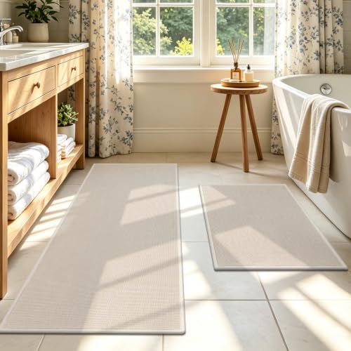 SHACOS Bath Mat Set of 2, Ultra Thin Washable Bathroom Rugs, No Slip Rubber Bath Rugs for Bathroom, Quick Dry Absorbent Bathroom Mat for Shower Outside Floor Toilet Sink (17"x24"+17"x47") - color: Beige, size: 17"x24"+17"x47"