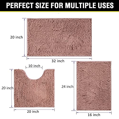 Bathroom Rugs Chenille 3-Piece Extra Soft and Absorbent Shag Bathroom Rugs, Machine Wash Mat, Strong PVC Non-Slip Underside, Plush Carpet Mats (Deep Pink) - color: Deep Pink, size: 2'8" x 1'8" (16x24"+20x32"+20x20"U shape）