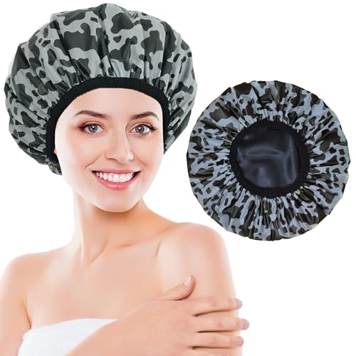 Shower Cap for Women, Shower Caps Reusable Waterproof, Large Plastic Satin Lined Shower Cap for Braids Long Hair - color: Cow stripes