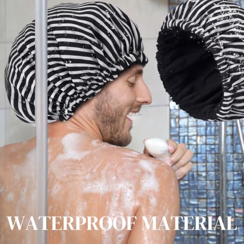 Shower Cap for Men Black Bath Cap, Reversible Terry Lined Large Waterproof Adjustable Shower Caps Elastic Band Stretch Hem Hair Hat for braids - color: Black Stripe