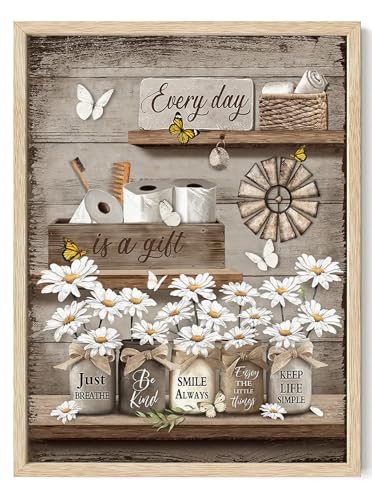 KISSFOX Framed Wall Art Bathroom Wall Decor Farmhouse Pictures Daisy Butterfly Canvas Art Inspirational Quotes Paintings Artwork For Restroom - color: Daisy Butterfly, size: 16x20 in