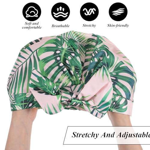 4 Pcs Shower Cap for Women Reusable Waterproof, Adjustable Bowknot Satin Nylon Bath Hair Caps, Elastic Hem Turban for Long Short Curly Hair, Banana Tree Solid Pink Black Stripe