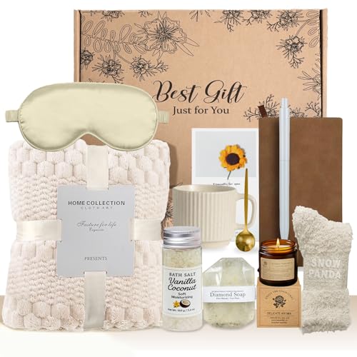 Birthday Gifts for Women, Personalized Self Care Gift Basket with 50"x60" Flannel Blanket, Spa Gift Set for Mom, Sister, Friend, Wife, Coworker, Thinking of You Care Package - color: Beige-12 Pc