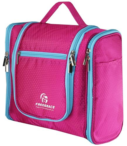 Freegrace Extra Large Hanging Toiletry Bag for Men and Women - Water-Resistant Nylon Travel Bathroom Organizer for Cosmetics, Makeup, and Toiletries - color: Sexy Pink
