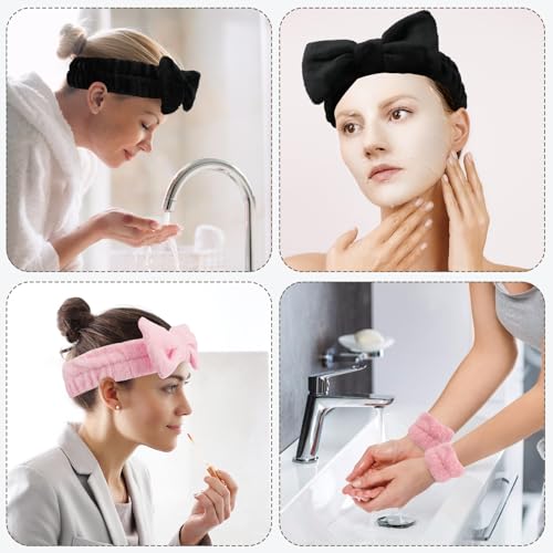 WSYUB Spa Headband and Wristbands for Face Washing,Face Wash Headband and Wristband Set,Black and Pink,6pcs - color: Black and Pink