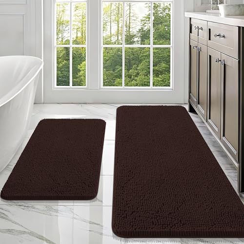 OLANLY Bathroom Rugs Sets 2 Piece, Soft Absorbent Chenille Bath Mats Area Rug Set, Non-Slip, Quick Dry, Machine Washable Bath Mats for Bathroom, Home Decor Accessories (47"x20"+30"x20", Brown) - color: Brown, size: 47" X 20" + 30" X 20"
