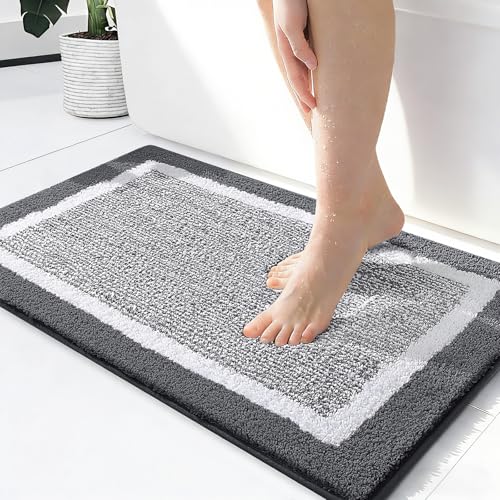 OLANLY Small Bathroom Rugs 24x16, Extra Soft and Absorbent Microfiber Bath Rugs, Non-Slip, Machine Washable, Quick Dry Shaggy Bath Carpet, Bath Mats for Bathroom Floor, Tub, Shower, Dark Grey - color: Dark Grey and White, size: 24" X 16"
