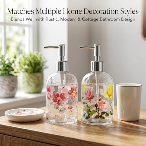 Topadorn Hand and Dish Soap Dispenser Set, 2 Pack 17oz Glass Soap Dispensers with Pump, Refillable Kitchen Soap Bottles, Coordinated Floral Bathroom Counter Decor - color: Purple&yellow