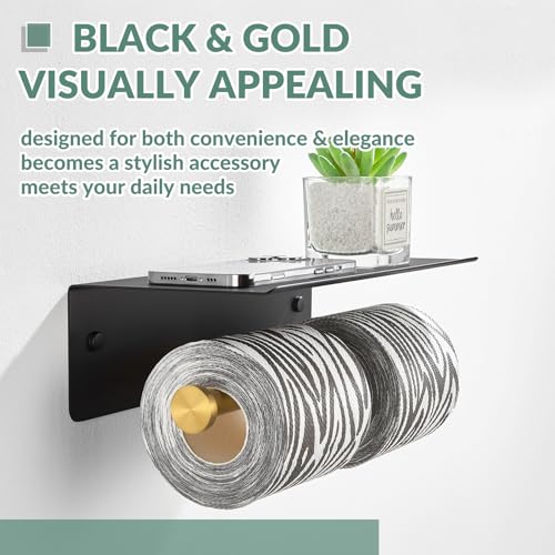 APLusee Double Toilet Paper Holder with Phone Shelf Black & Gold, 304 Stainless Steel Tissue Paper Roll Storage Dispenser, Wall Mounted - color: Black Gold, size: Double Rod