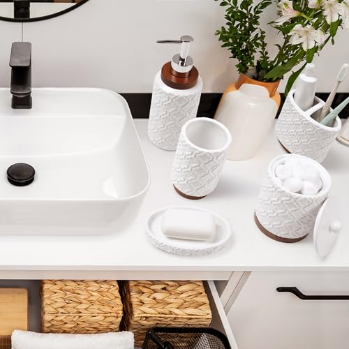 RQYIXI Elegant 5 PCS Ceramic&Wood Bathroom Accessories Set:Soap Dispenser,Toothbrush Holder,Tumbler,Soap Dish,Cotton Swab Jar,Easy to Clean,Quatrefoil Pattern,White-Affordable Home Luxury - color: White Set-5pcs
