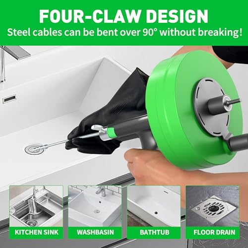 BACOENG 33Ft Drain Auger, Heavy Duty Plumbing Snake with Drill Adapter, Use Manually or Powered for Drain Clog, Shower Sink, Comes with Gloves and Bag (Green) - color: Green-33FT