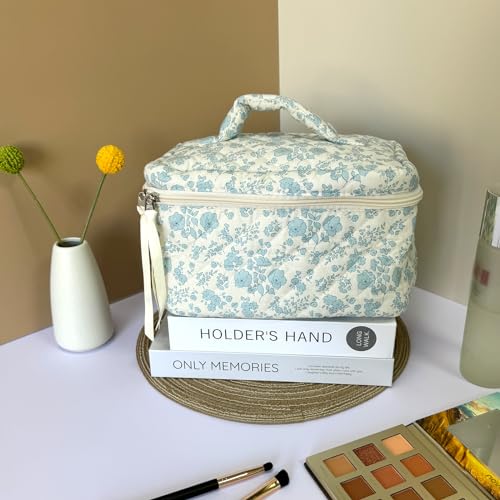 Sminra Makeup Bag Large Travel Quilted Cosmetic Makeup Bag Organizer, Floral Cotton Coquette Aesthetic Toiletry Bag for Women Girls (Blue Floral-L) - color: Blue Floral-L
