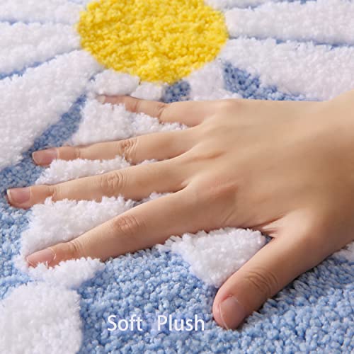 QJHOMO Bathroom Rugs Set 2 Piece, Cute Daisy Bath Mat Blue Toilet Rug U Shaped, Flower Deocr Bathroom Set Non Slip Contour Bathmat, Super Absorbent Microfber Floor Mats Machine Washable Carpets - color: Blue, size: 1'8" x 2' (Rectangular & U-Shape)