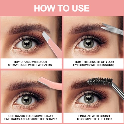 FANDAMEI Eyebrow Kit with Leather Case - Eyebrow Scissors, Tweezers, Razor, Brush for Women & Men - Facial Hair & Ingrown Hair Removal - color: Pink
